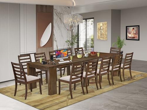 Image of X12X1-008-04 - 13 Pieces Modern Dining Set contains an Extendable Rectangle Kitchen Table and 12 Stackable Polyester Fabric Dining Chairs, 39x120 Inch, Antique Walnut