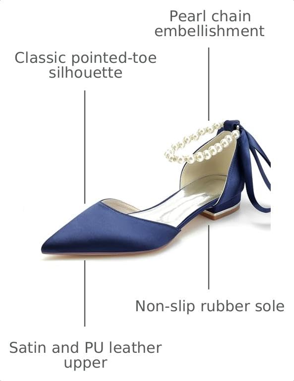 Image of Women's Pointed Toe Pumps Pearl Satin Wedding Shoes for Bride Flats Ankle Strap Bridal Shoes Formal Prom Party Dress Pumps Sandals