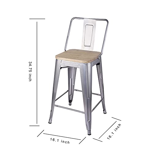 Gia 24-Inch Counter Height Middle Back Metal Stool Chair With Light Wood Seat, Silver, Set Of 4 #TOP2