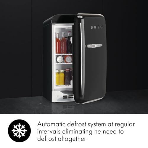 Image of Smeg FAB5 16 inch 50's Retro Style Series Compact Cooler with 1.5 cu. ft. Capacity Automatic Defrost LED Interior Lighting and Adjustable Shelves Right Hand Hinge Made in Italy (Black)