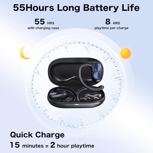 Open Ear Headphones, Stereo Wireless Open Ear Earbuds with Mic, 55H Playtime, ENC Clear Calls, IP55 Sweatproof, Sport Headphones for Fitness, Running, Workout - Image 5
