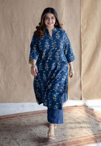 Image of Women's Indigo Blue Cotton Ethnic Co-Ord Set | Kurta Pant Set | Kurta Palazzo Set | Stylish Printed Suit Set for Women