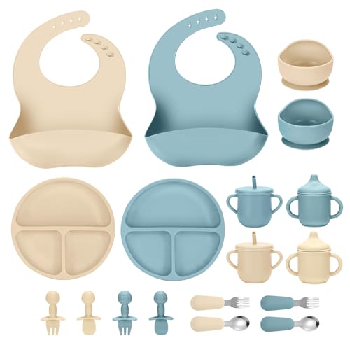 Image of JELLDJK Silicone Baby Feeding Set, 18PCS Baby Led Weaning Supplies, Eating Essentials Utensils with Suction Plate and Bowl, Adjustable Silicone Bib, for 6+ Months (Blue+Beige)