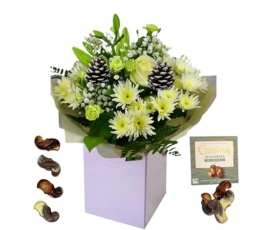Vibrant White Rose and Gerbera Flower Bouquet - Green Chrysanthemum – Fresh Floral Arrangement (Chocolate)