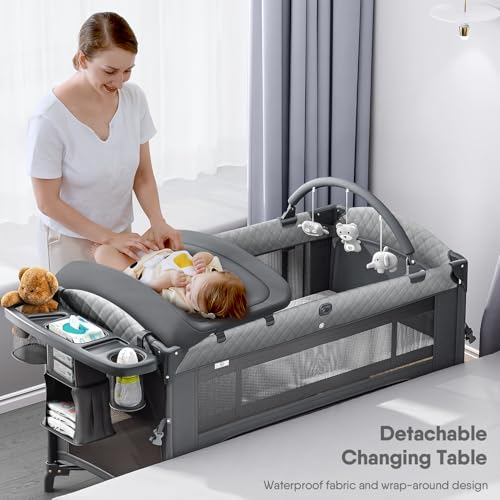 Image of Obee Odee 4 in 1 Baby Bassinet, Pack and Play, Bedside Crib Sleeper, Diaper Changer - Comes with Mattress, Mosquito Net, Bottom Storage and Toy Bar for Newborn to Toddles