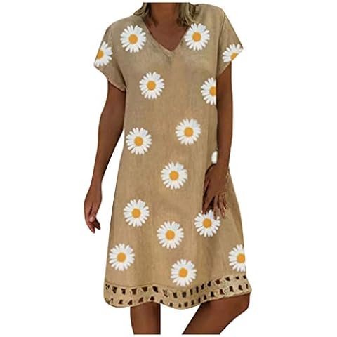Summer Linen Sundress for Women V Neck Knee-Length Loos Sunflower Print Short Sleeve Midi Dress Plus Size Ladies Beach T-Shirt Dress Khaki Cover