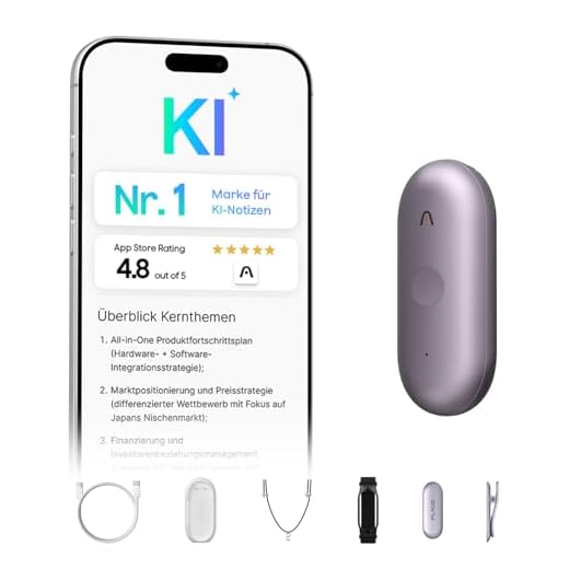 Plaud NotePin S Diktiergerät mit taktiler Aufnahmetaste KI Voice Recorder KI-Notizgerät KI-Schreibfunktion & Zusammenfassung Aufnahmegerät Audiorekorder für Meetings 4 Zubehörteile (Violett)