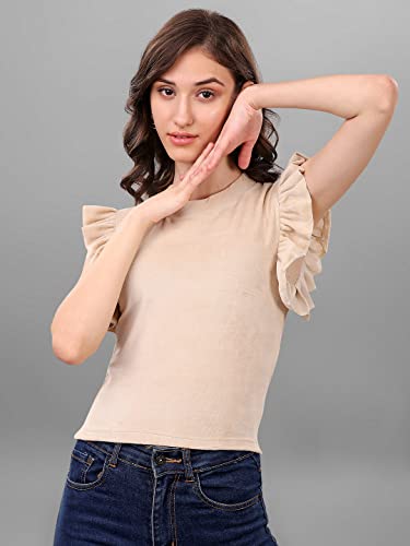 Image of SXV Solid Beige High Neck Ruffle Sleeve Velvet Top