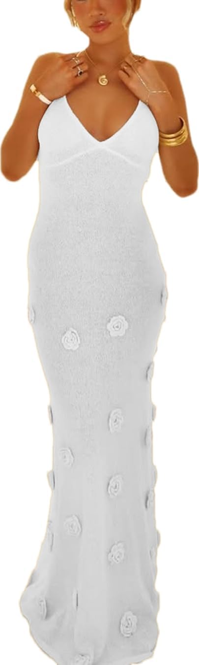 LOUSEA Womens See Through Knit Maxi Dress Tie Back Flower Dresses Sexy Spaghetti Strap Bodycon Dress Crochet Knit Coverup