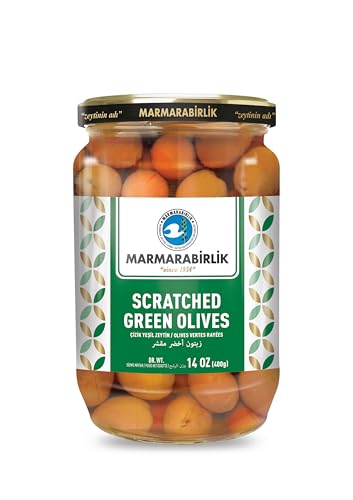 Marmarabirlik, Green Olives, Turkish Pickled Olive, Hand-Picked, Healthy Snacks for Salads & Mezze, Platter of Fresh Food, Vegan, Kosher, Halal, Snack Packs, 14 Oz (400g)