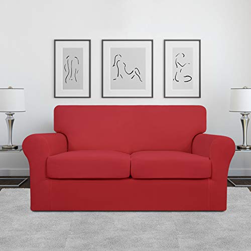 Image of Easy-Going 3 Pieces Stretch Soft Couch Cover for Dogs - Washable Sofa Slipcover for 2 Separate Cushion Couch - Elastic Furniture Protector for Pets, Kids (Loveseat, Christmas Red, Medium) | Sofa Slipcover for Stretch 2 Separate Sectional Cushion Couch - Furniture Protector for Pets, Kids Christmas Red