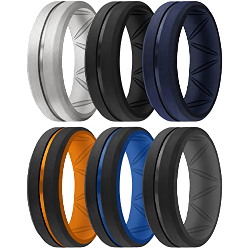 ThunderFit Silicone Wedding Rings for Men, Breathable Brushed Top Middle Engraved Line Rubber Engagement Bands 8.2mm Wide 2.5mm Thick - 1/4/6/7 Variety Multipack