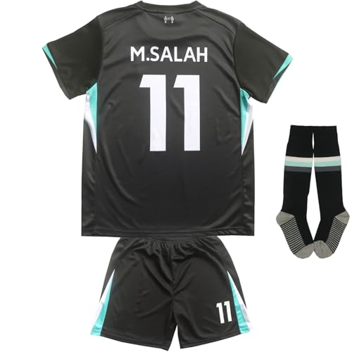 KWFOM Lpool Mo Salah #11 Away Kids Soccer Jersey Kit with Shorts/Socks Set Youth Sizes (Black, 24)