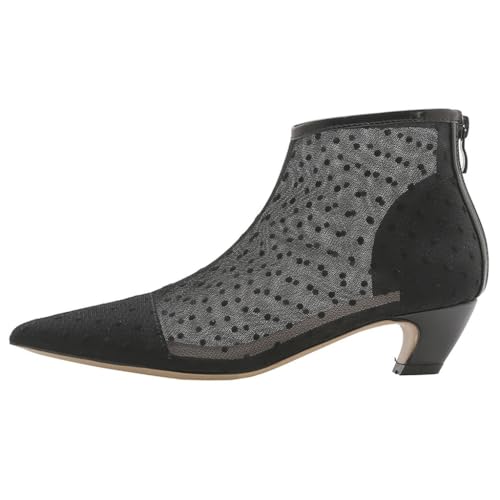 DINTAHA Womens Black Mesh Booties Low Heel Pointed Toe Low Kitten Heel Boots Polka Dot Kitten Heels2