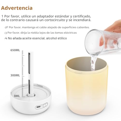 Miniatura 9 de Kissleaf Mini Humidificador De Ambiente 650 Ml Para Dormitorio, Cuarto De Niños, Plantas, 15h Larga Duración 28 Db Silencioso Humidificador Bebé Luz Cálida