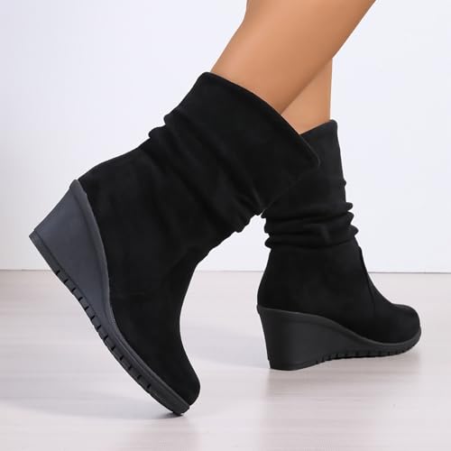 Generic Women's Mid Calf Boots Wedge Heel Suede Leather Dressy Slip On Comfort Fall Winter Short Boots Black Zipper Retro Booties4