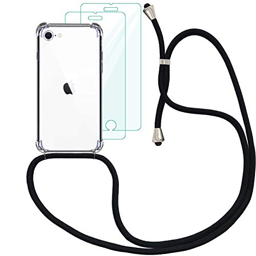 Yohii Funda con Cuerda para iPhone 7/8 /SE 2020 + [2 Pack] Cristal Templado Protector de Pantalla, Carcasa Transparente TPU Suave Silicon Colgante Ajustable Collar, Case para iPhone SE 2020 - Negro