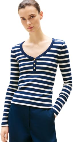 Tommy Hilfiger Damen Langarmshirt Slim Henley mit Knopfleiste, Mehrfarbig (Dark Night Navy/Calico STP), XXL – Ansicht 1