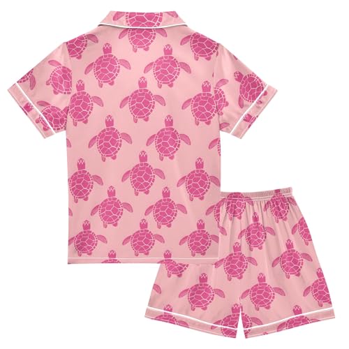 Pink Sea Turtle Summer Satin Pajama Set, Cute Button-Down Sleepwear Pj Set for Sleep Wears2