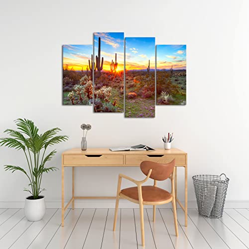 Sechars - 4 Piece Canvas Wall Art Amazing Sunset In Arizona Sonoran Desert Landscape Painting Saguaro Cactus Pictures Canvas Print Southwest Decor For Home Living Room Ready To Hang #TOP3