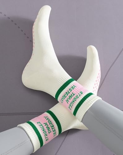 Image of Yawlsow Pilates Grip Socks for Women Yoga Grippy Socks Cute Barre Non Skid Athletic Crew Sticky Sock Workout Hospital