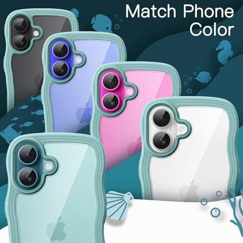 JETech Wavy Case for iPhone 16 6.1-Inch, Cute Wave Frame Curly Shape Shockproof Phone Cover for Women and Girls, Clear Hard PC Back (Teal)