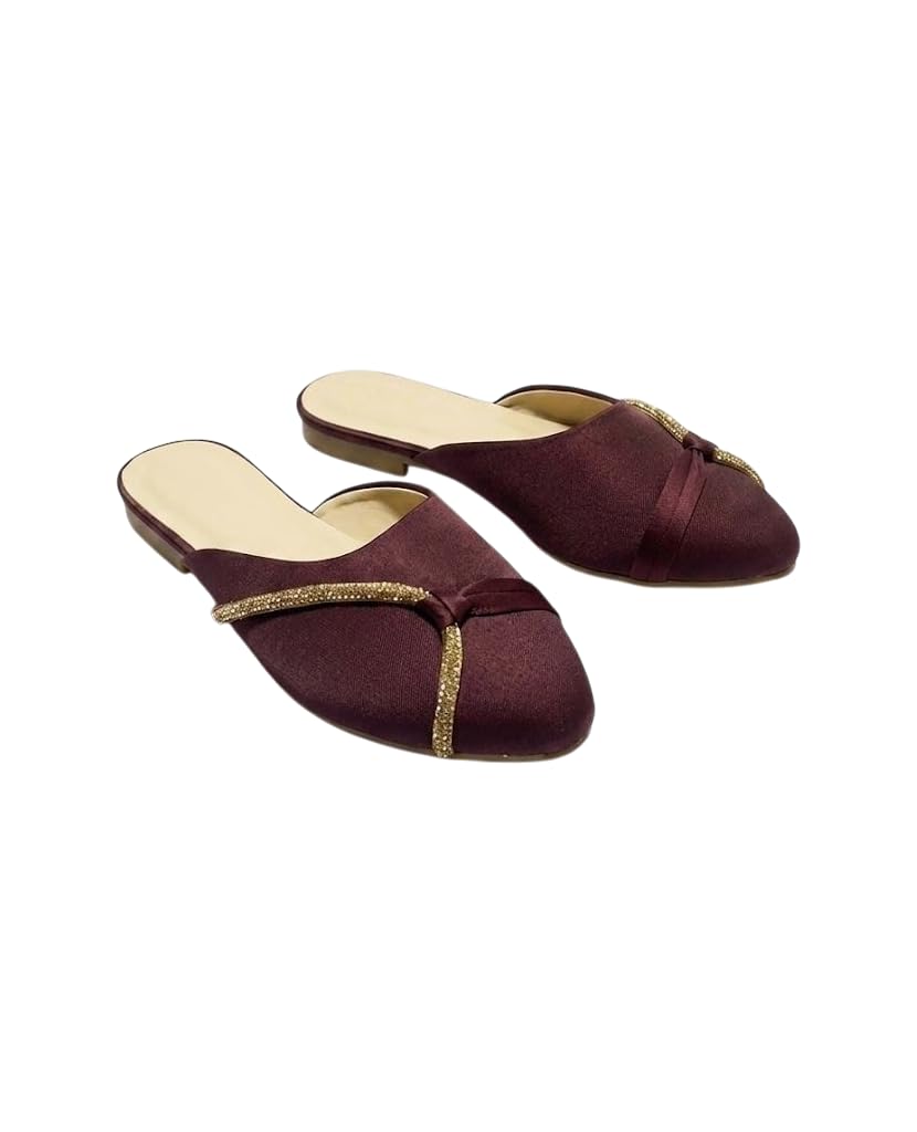 Synthetic Mule Flats for Women | Slip-On Pointed Toe Sandals with Embellished Criss-Cross Strap & Sequined Upper | Comfortable Footbed, Flat Sole Casual for Western Outfits (Maroon)-image-37