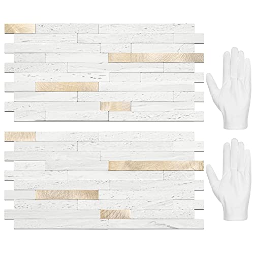 STICKGOO 20 Sheets Peel and Stick Backsplash Tile, Stick on Backsplash for Kitchen and Bathroom, White Sandstone Look PVC Mixed Metal Gold Self Adhesive Wall Tiles 20 White Sandstone + Metal