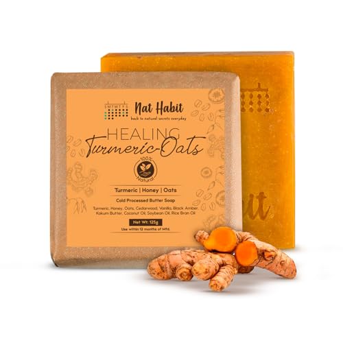 Nat Habit Turmeric Oats Bath Butter Soap | Ayurvedic Body Tan Removal for Women & Men | De-Tan, Anti Tan & Antibacterial Bar| Scar Reduction & Deep Cleansing | Handmade Haldi Soap | 125g
