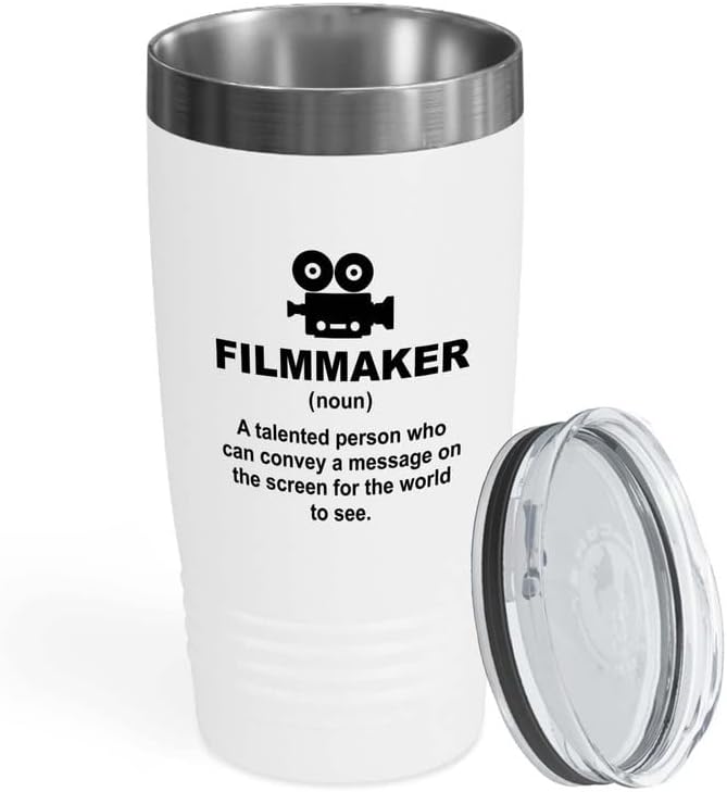 Filmmaker White Tumbler 20oz - a message on the screen - Filmmaker Gifts Camera Lens Cut Prop Director Movie Film Scriptwriter