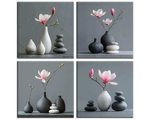 NAN Wind Modern Floral Art 4Pcs Magnolia Flowers & Zen Stones Art Minimalist Zen Magnolia Flower Black Vases Framed Canvas Prints Home Decor Contemporary Zen Decor Wall Art for Bedroom Bathroom