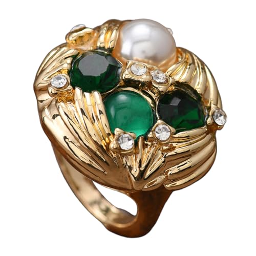 Cubic Zirconia Pearl Flower Statement Rings for Women Gold Plated Crystal Shell Pearls Texture Open Band Wrap Finger Ring Adjustable Comfort Fit Birthstone Engagement Wedding Jewerly for Christmas