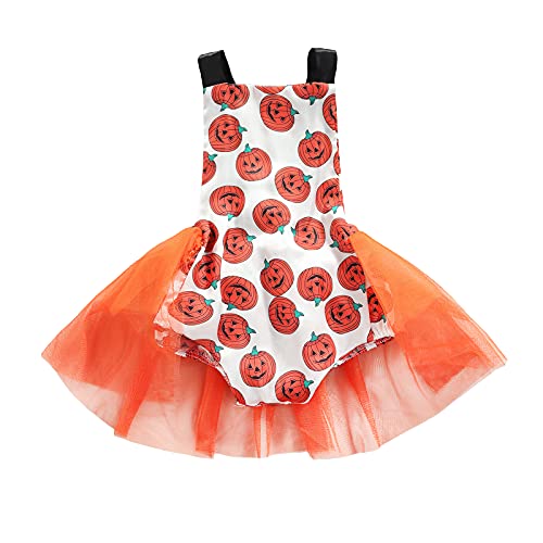 Newborn Infant Baby Girl Halloween Pumpkin Ghost Romper Tank Top Bodysuit Halter Jumpsuit Tulle Tutu Dress (Pumpkin Orange,12-18 Months)