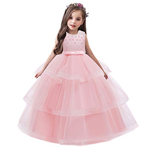 Robe demoiselle d'honneur fille 4-14 ans longue en dentelle rose pour mariage