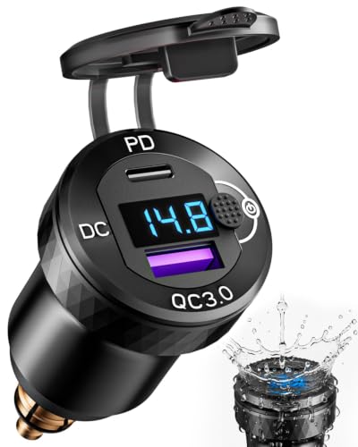 Image of Motorcycle USB Charger, Waterproof 18W QC3.0 & 30W PD3.0 DIN Plug to USB Adapter with On-Off Switch & Voltmeter, Aluminum Phone Charger for 12V /24V BMW Ducati Triumph