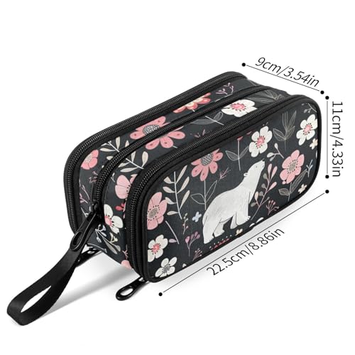 Image of Fustylead Cute White Polar Bears and Beautiful Flowers Pencil Pen Case Stationery Bag 3 Compartments School College Office Organizer Cosmetics Bag