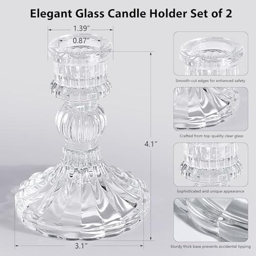Ashelyulla 4 Inch Tall Glass Candlestick Holders 2 Pcs Clear Glass Taper Candle Holder Set Crystal Candle Holders For Table Centerpiece, Candle Sticks Holder Decor For Wedding, Thanksgiving, And Valentine'S Day thumb #3