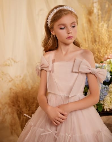 Fairy Flower Girl Dress Pink Tulle Pageant Dress for Girls 7-16 Princess Junior Bridesmaid Dress with Bows4
