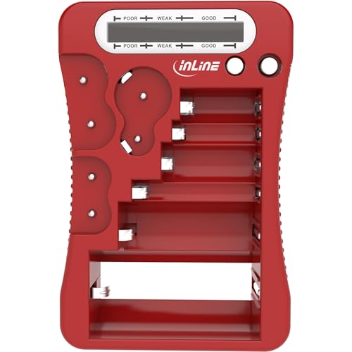 Inline Testeur de piles avec écran LCD, compact, convient pour AA, AAA, C, D, 9 V, CR123A, piles bouton, CR-V3, 2CR5, utilisable sans connexion d'alimentation, rouge, 01285R