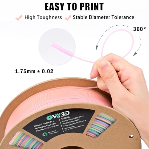 Image of OVV3D Glow in the Dark Filament, Rainbow Glow PLA Filament 1.75mm + /- 0.02mm for 3D Printing, Multicolor Gradient PLA, 3D Printer Filament Fast Color Change Blue Green Orange Pink Purple, 1kg /2.2lb