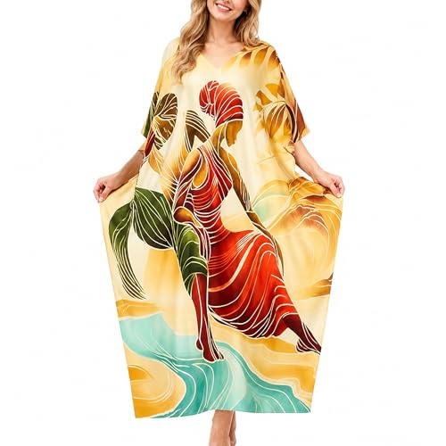 Image of Gypsie Blu Women Plus Size Kaftan Dress Beach Cover Up Maxi Dresses for Women, V-Neck Kimono Sleeve 1X-3X