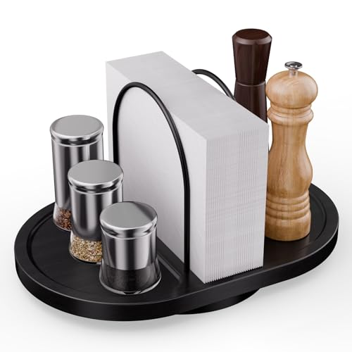 Image of Napkin Holder for Table, Rotating Standing Napkin Dispenser with Salt and Pepper Shakers Caddy Placing Space, Rustic Metal Caddy Napkin Storage for Table Kitchen Countertop, Dining Table Decor(Black)