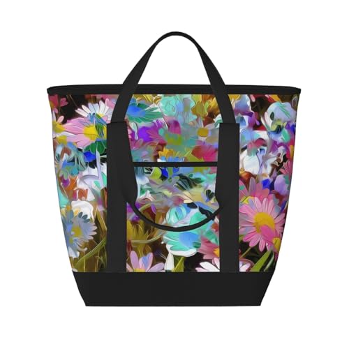 WANLON Bolsa de mano aislada de gran capacidad con flores de colores, reutilizable, hombro ajustable, perfecta para el trabajo, picnic y viajes, Black, Talla única