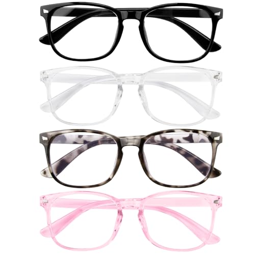 Lot de 4 Lunettes Anti Lumière Bleue Homme Femme, Légère Lunettes Ordinateur Gaming Ecran PC Blue Light Glasses Anti-fatigue Oculaire Confortable et Élégant Simples Transparent Noir Écaille Rose