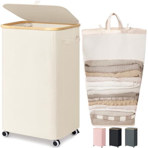 Image of Goodpick Laundry Basket with Wheels, Large Laundry Hamper with Lid 100L Clothes Hamper with Removable Laundry Bag Collapsible Dirty Clothes Basket for Laundry Room, Bedroom, Beige