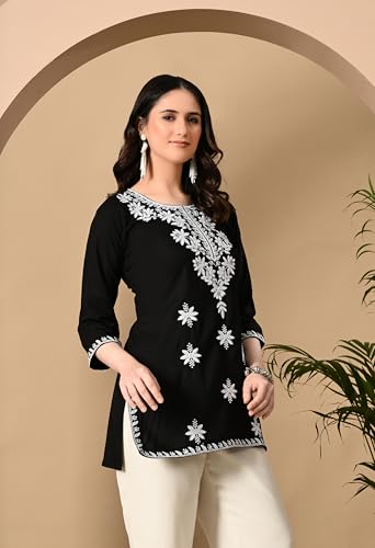 Image of LIBOZA Women's Chikankari Embroidered Short Kurti, Rayon Fabric, Three-Quarter Sleeves, Available in Pink, Black, Mustard Yellow, White, Pista and Green