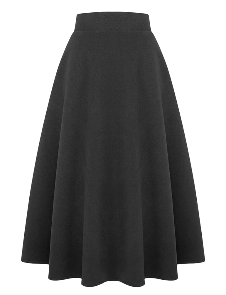 Ylingjun Long Plaid Wool Skirt for Womens Winter Fall Warm High Elastic Waist A line Flared Pleated Wool Tartan Skirts, Pure Dark Grey, L