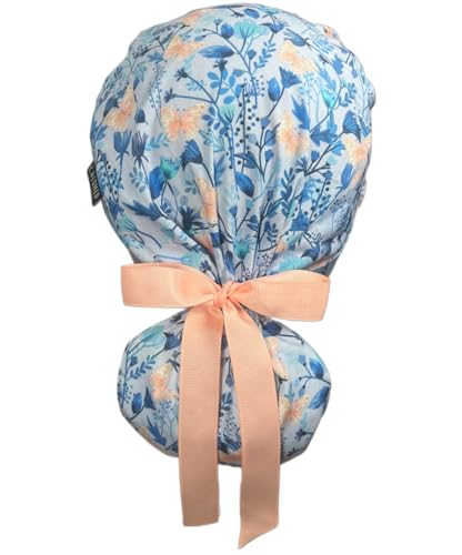 Image of Scrub Cap for Women and Men, Ponytail Scrub Caps, Working Hat, Head Cover with Ribbon Ties and Buttons, Long Hair
