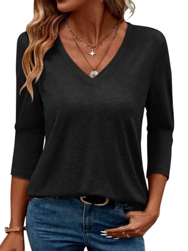 TICTICMIMI Women's V Neck 3/4 Sleeve Tops Casual Pullover T Shirts Summer Basic Loose Fit Tunic Shirts