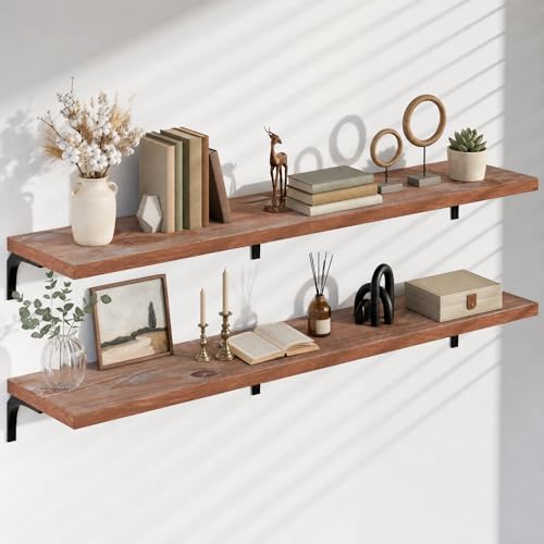 Image of 12 Inch Deep Floating Shelves Set of 2, 72 Inch Extra Wide Brown Solid Wood Wall Shelves, 6ft Heavy Duty Farmhouse Wall Mounted Shelving for Kitchen, Living Room & Bedroom